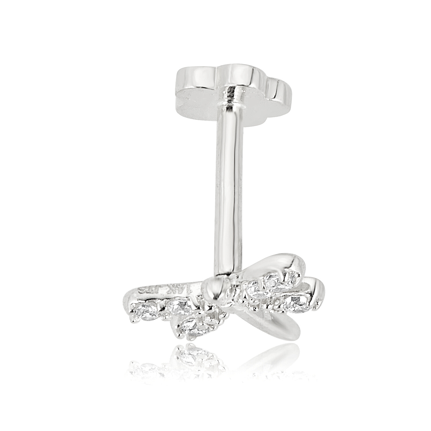 AVORA 14K White Gold Simulated Diamond CZ Dragonfly Cartilage Piercing Flat Back Earring Body Jewelry (18 Gauge)