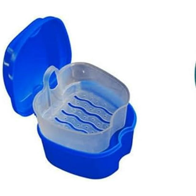 Denture Case, Denture Cup with Strainer,False Teeth Storage Box with Basket Net Container Holder for Travel, Retainer Cleaning (Dark blue)