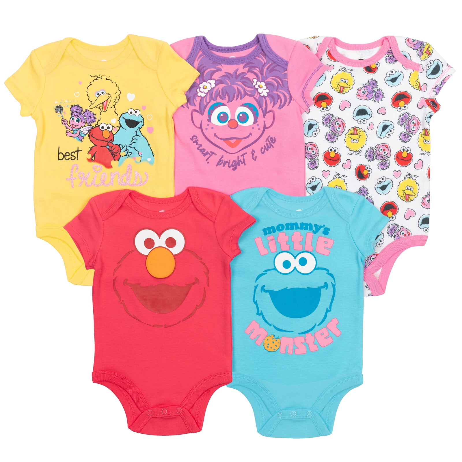 Sesame Street Elmo Cookie Monster Abby Cadabby Infant Baby Girls 5 Pack Bodysuits Newborn to Infant