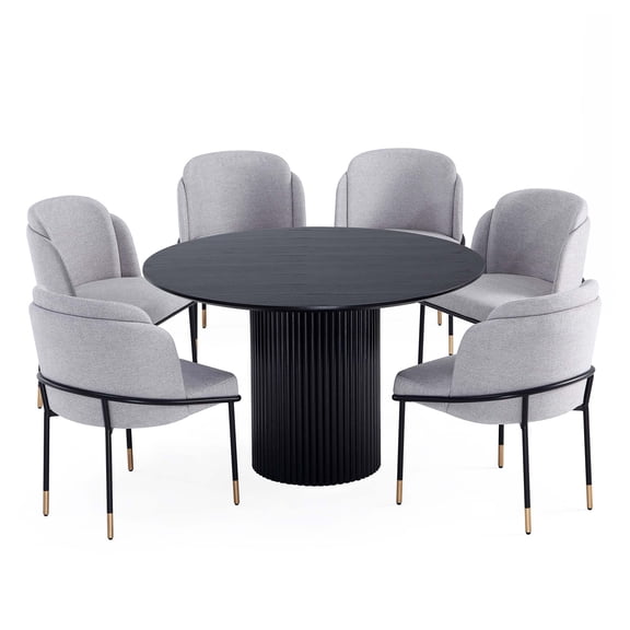7-Piece Hathaway Round Solid Wood Dining Table with 6 Dining Chairs in Gray