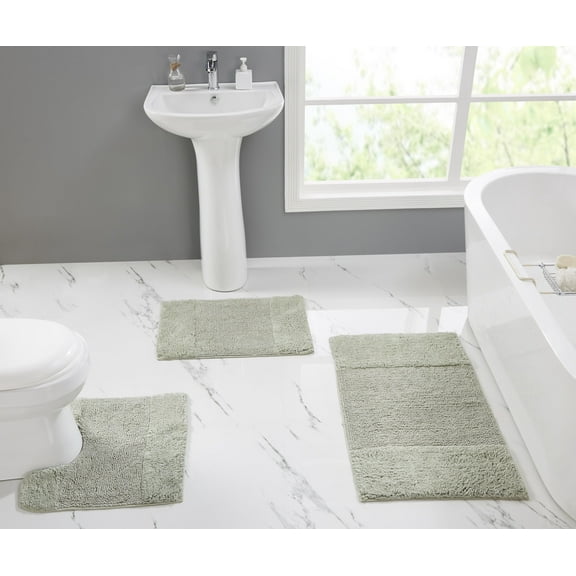 Better Trends 3 Piece Bathroom Rug Set, 100% Cotton, Extra Soft Tufted Bath Mat, Water Absorbent & Non Slip Bath Rug, (Dark Sage) Granada Collection