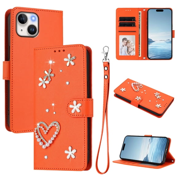 Wallet Case For iPhone 15, Elegant 3D Floral Pearl Heart Bling Rhinestone PU Leather Flip Cover with Card Holder Wrist Strap Kickstand & Magnetic Closure for Women Girls, Orange
