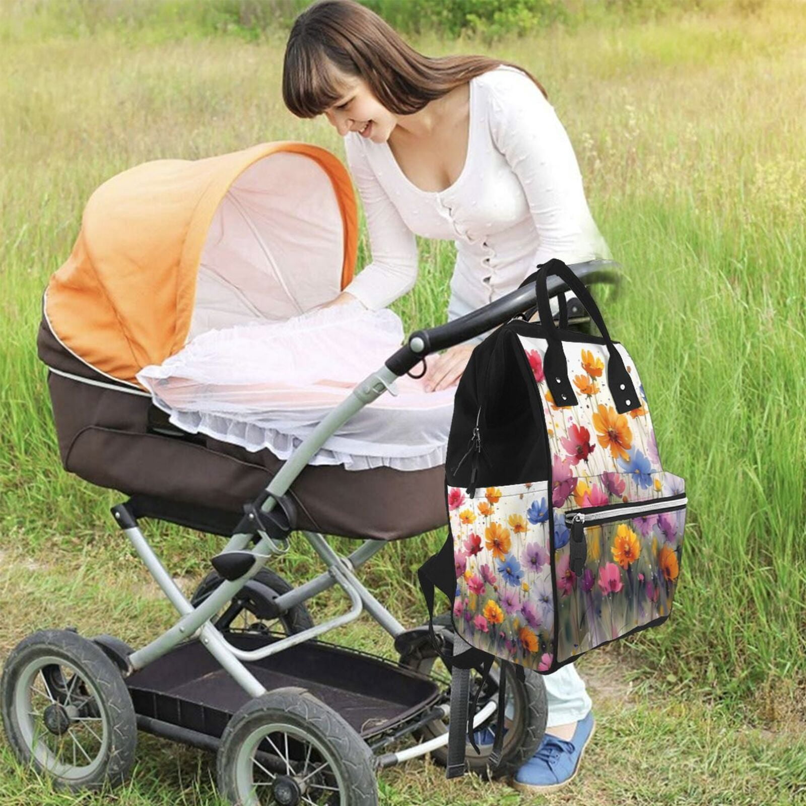 Ratiio Colorful Wildflower Meadow Mummy Backpack - Waterproof Twill Canvas, Large Capacity Diaper Bag with Multiple Pockets and Adjustable Straps