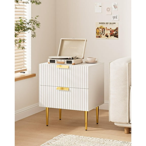 Nightstand, Bedside Table with Gold Frame,White Night Stand, End Table with 2Drawer, Mid Century Modern Bedside Table, Dresser for Bedroom,Living Room