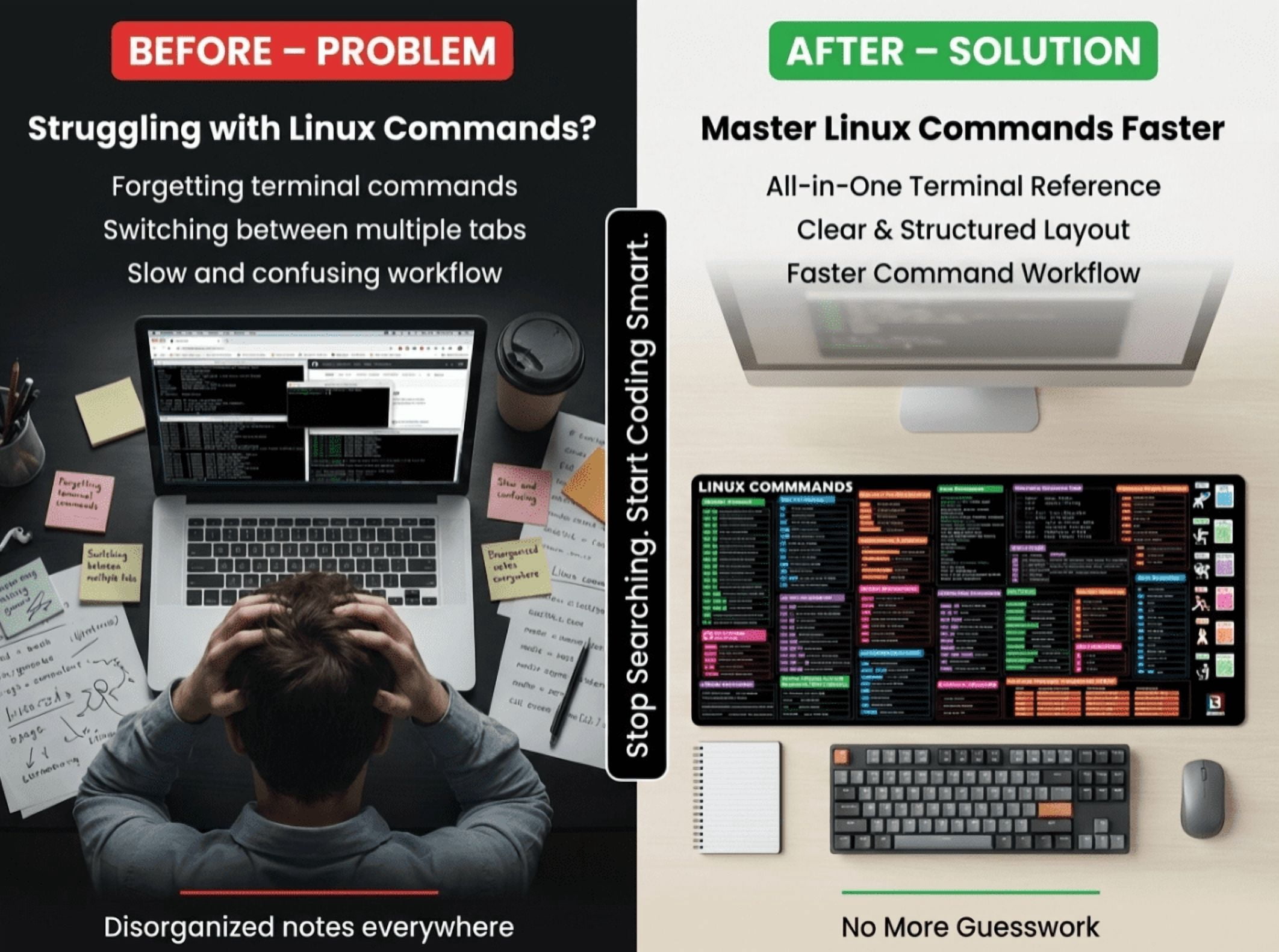 Linux Commands Cheat Sheet Desk Mat Extended Mouse Pad with Terminal Shortcuts Bash Commands Ubuntu/Arch/Fedora Git Vim - 12x22 in