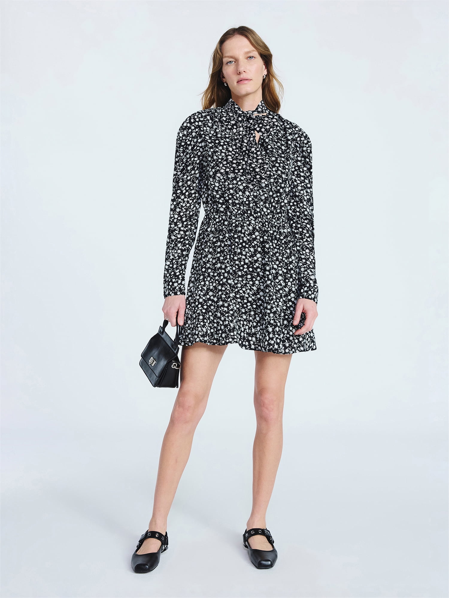 Scoop Women's and Women's Plus Tie Neck Mini Dress with Long Sleeves, Sizes XS-4X