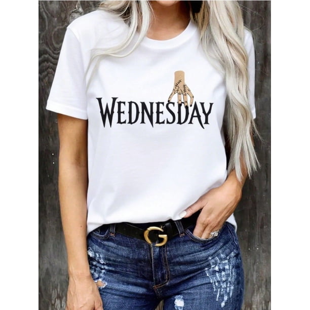 Halloween T-shirt - Women'S Wednesday Graphic T-Shirt - Halloween Themed Casual Crew Neck Short Sleeve Top with Bold White Lettering & Hand Print Design, Relaxed Fit Shirt, Comfortable Material