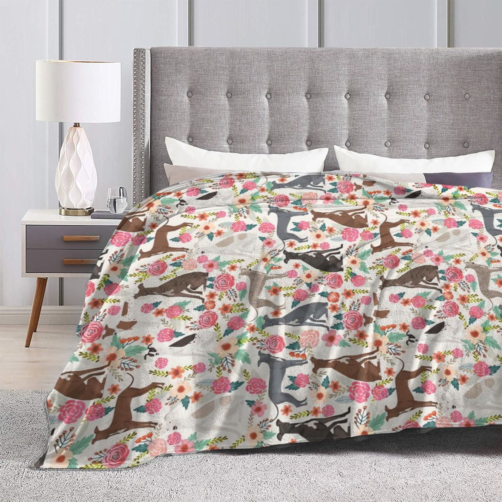 Italian Greyhound Dogs Lovers Flower Floral Blanket Gifts For Kids Adults - Lightweight Throw Blanket For Bedroom Living Room Decor Soft Fuzzy Fleece Cozy Plush Bed Couch 50"X40"