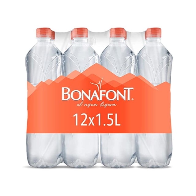 pack de 12 agua bonafont natural de 1.5 l Paquete frontal de 12 botellas Bonafont 1.5 L con etiqueta naranja y logo visible, botellas de plástico transparente con tapa naranja y empaque retráctil, ideal para despensa y bebidas para hidratación.