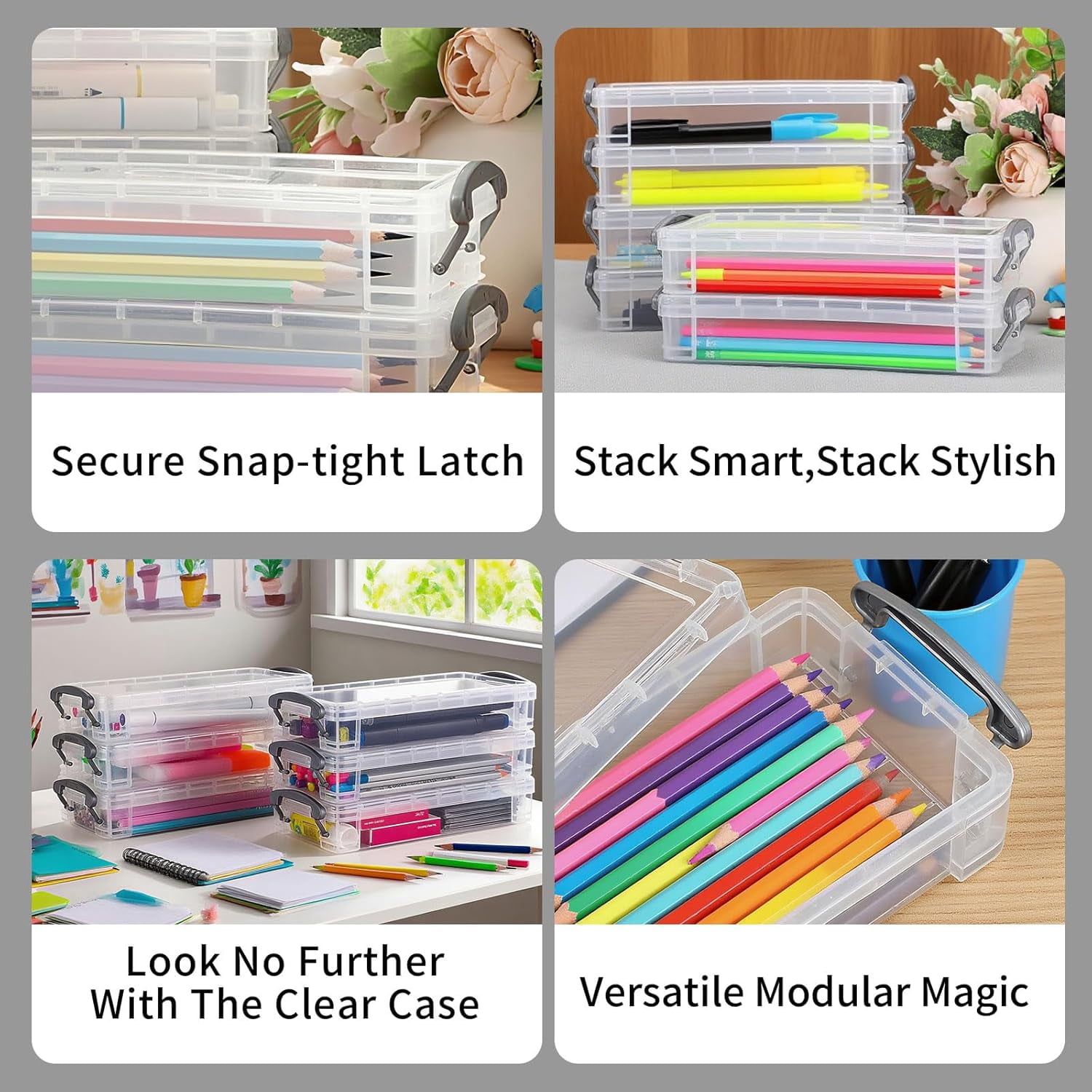 Pencil Case Plastic Pouch Box Storage Organizer For Beads, Pens, And Art Supplies, Stackable Clear Container With Snap Lid For Jewelry, Stickers And Tackle Box (21 X 10 X 4cm, 8 Pack)