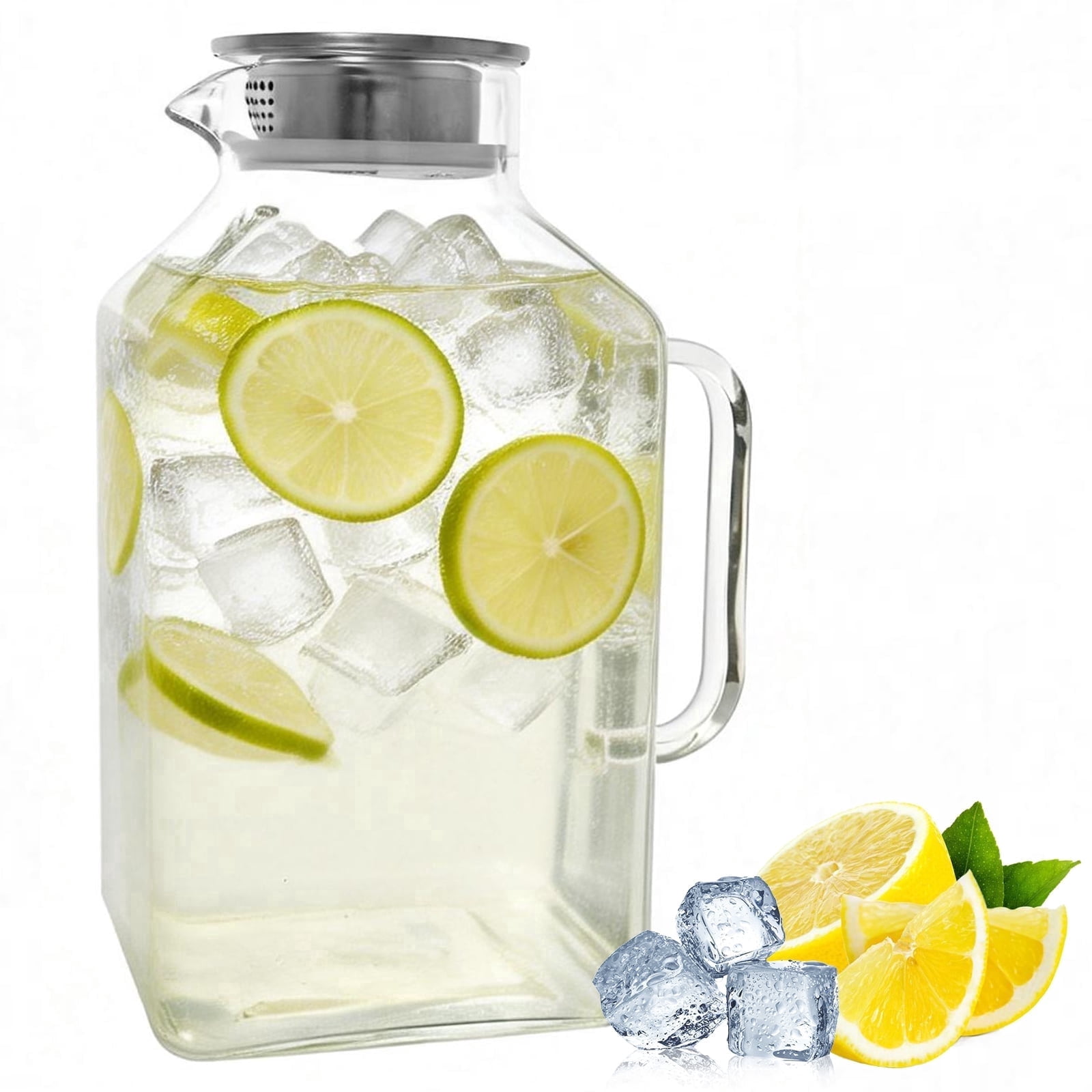 Qenwkxz 128 OZ Square Glass Pitcher with Lid and Spout Borosilicate Glass Carafe for Hot/Cold Drink Water Pitcher with Handle for Fridge Large Jug for Iced Tea Coffee Juice Beverage