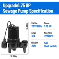 thumbnail image 5 of 1.75HP Submersible Water Sump Pump, Cast Iron Pump Sump With Automatic Tethered Float Switch,7272GPH Heavy Duty Sewage Sump Pump for Basement, Pool, Residential Sewage, Black, 5 of 7