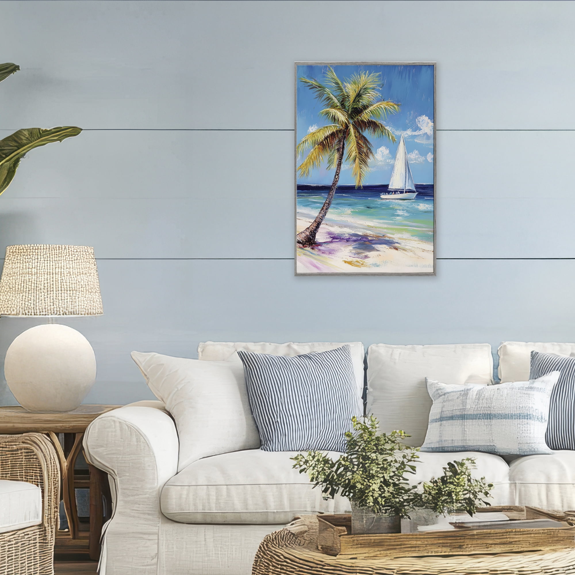 Stupell Industries Sailboat Delight with Palm Tree Gray Framed Giclee Art, design by Petal Prints Design