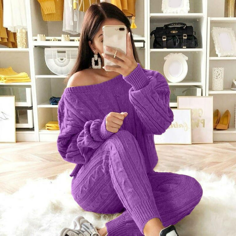 Womens Solid Color Off Shoulder Long Sleeve Cable Knitted Warm Two-Piece  Pants Sweater Suit Set