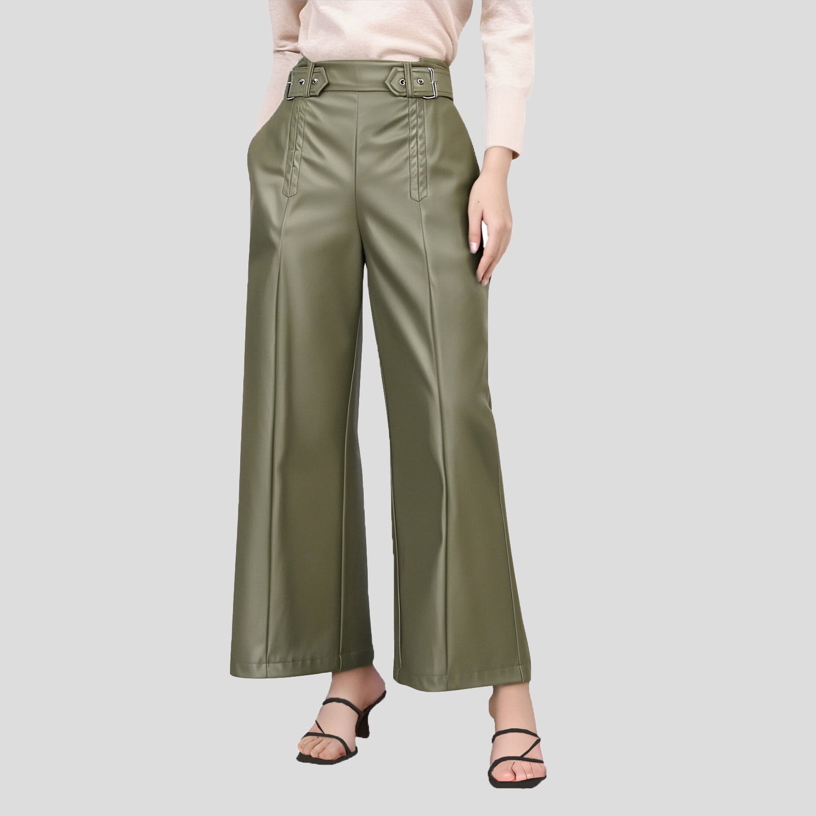 JGGSPWM High-Waist Wide Leg Pants with Belt for Women Sleek Faux Leather Trousers Army Green 2XL