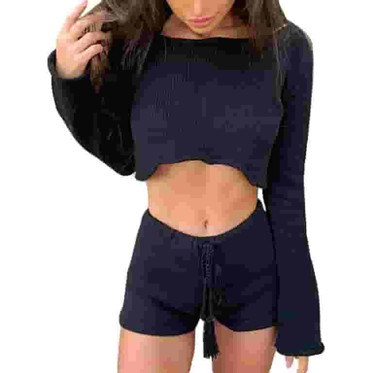 ★MUCENT★ Henning Off Shoulder Crop Man to Man 2 Colors KelaJuan 2 Pieces Women Trendy Knit Outfit, Solid Color