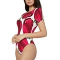thumbnail image 2 of KLL Women 's Crew Neck Bodysuit Jumpsuits Tulips Flowers Print Short onesies Stretch T Shirts, 2 of 7