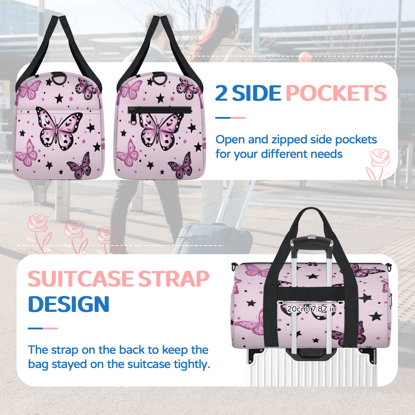 Herdesigns Butterfly Travel Duffle Bag Sports Yoga Weekender Overnight Carry on Workout Bags Lightweight Waterproof Gym Tote Bag for Women Pink