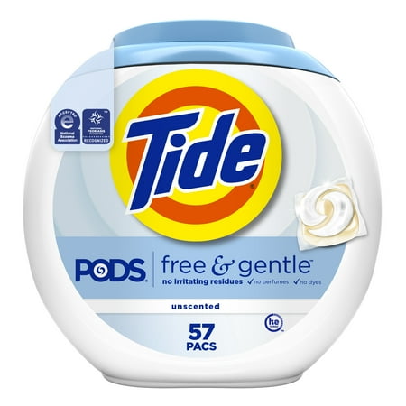 Tide Pods Free And Gentle Liquid Laundry Detergent Pacs, Hypoallergenic, Unscented, 57 Count