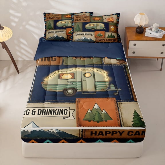Homewish Kids Camping Zipper Twin Comforter Sets with Fitted Sheet and 2 Pillowcases,Rustic Farmhouse Adventure Zipper Bedding Set For Boys,Navy Blue Reversible,4-Piece