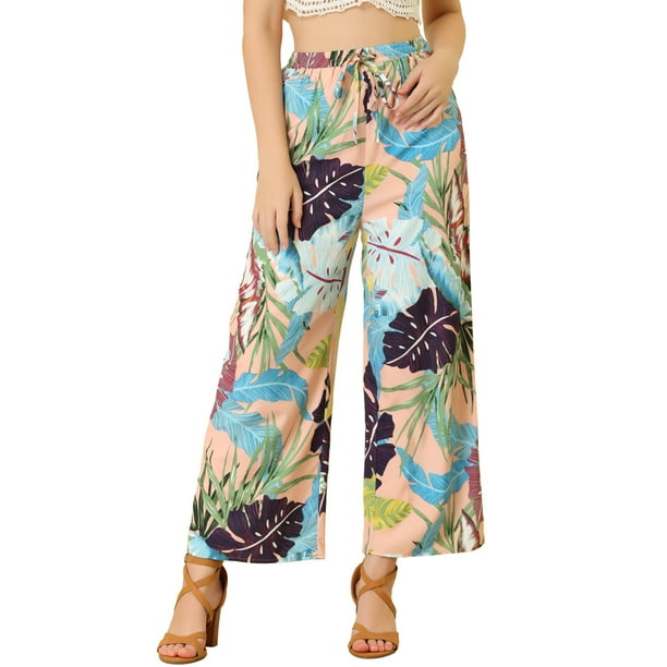 INSPIRE CHIC Pantalones de pierna ancha tropical informal con cintura con cordón floral Palazzo Boho para mujer con bolsillos Rosa S