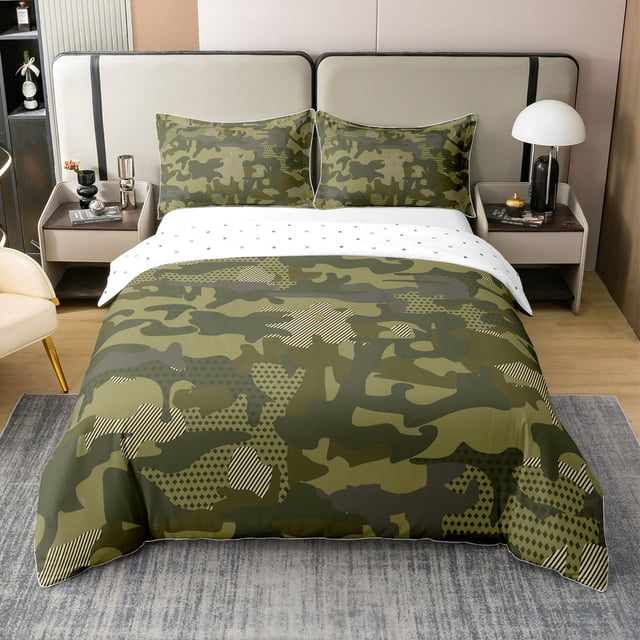 Erosebridal Housse de Couette Camouflage Rétro 100 % Coton Taille Très Grand, Vert Armée Housse de Couette 100 % Coton Très Grand, Décor Camouflage Militaire, Réversible 3 Pcs (Sans Couette)