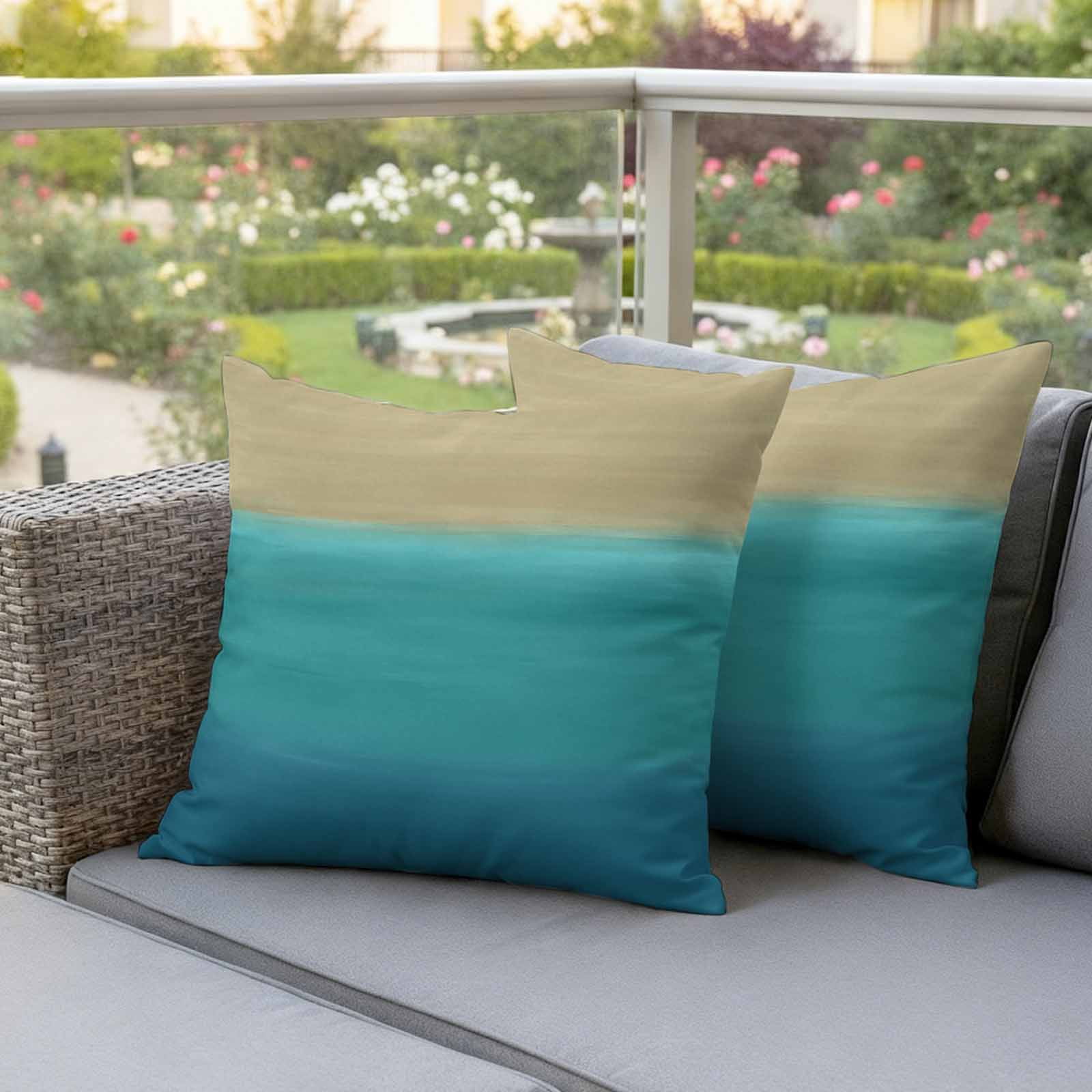 Teal Blue Ombre Outdoor Waterproof Pillow Covers, Modern Abstract Gradient Art Decorative Square Throw Pillowcase Sofa Cushion Sham for Patio/Couch/Chair, 24"x24" 2 Pack