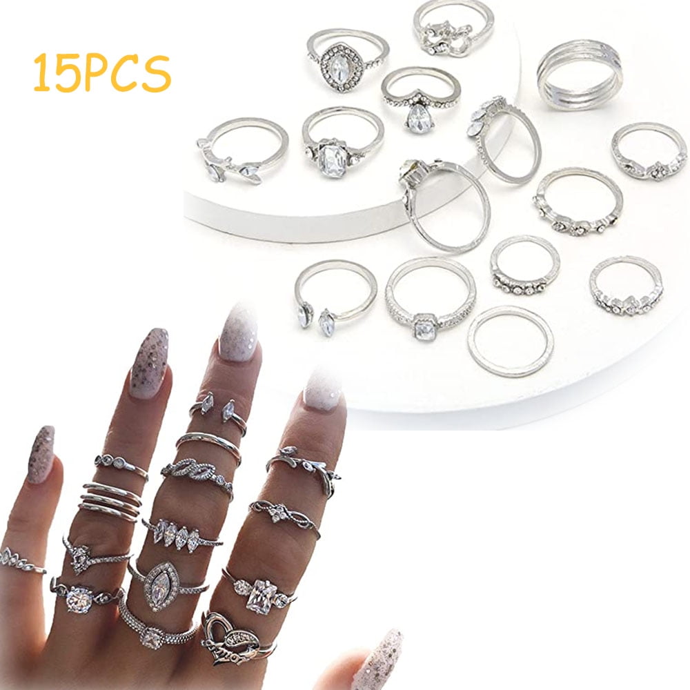Chok 15Pcs Knuckle Stacking Rings Set for Women Crystal Rhinestone