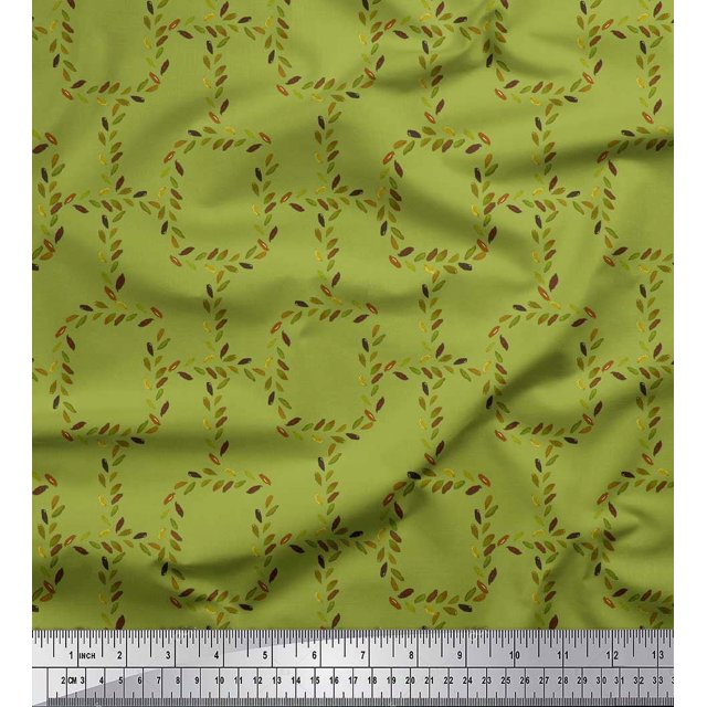 Soimoi Green Cotton Poplin Fabric Leaves & Geometric Printed Craft Fabric by the Yard 56 Inch Wide