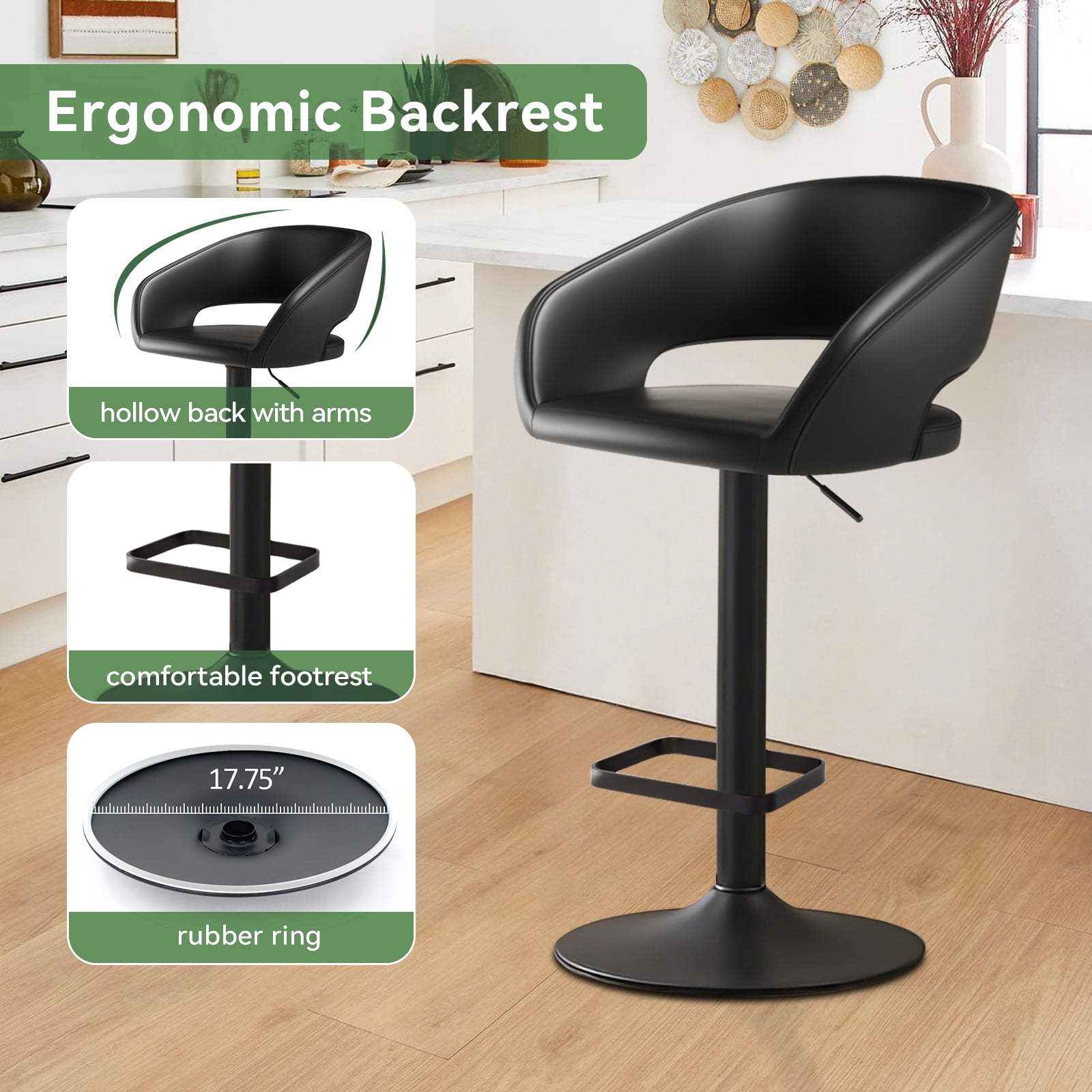 Modern Adjustable Bar Stools with PU Leather Seat, 360° Swivel Open Mid Back & Armrest Bar Stool– Ideal for Kitchen , Bar, Café, Counter Seating, Black