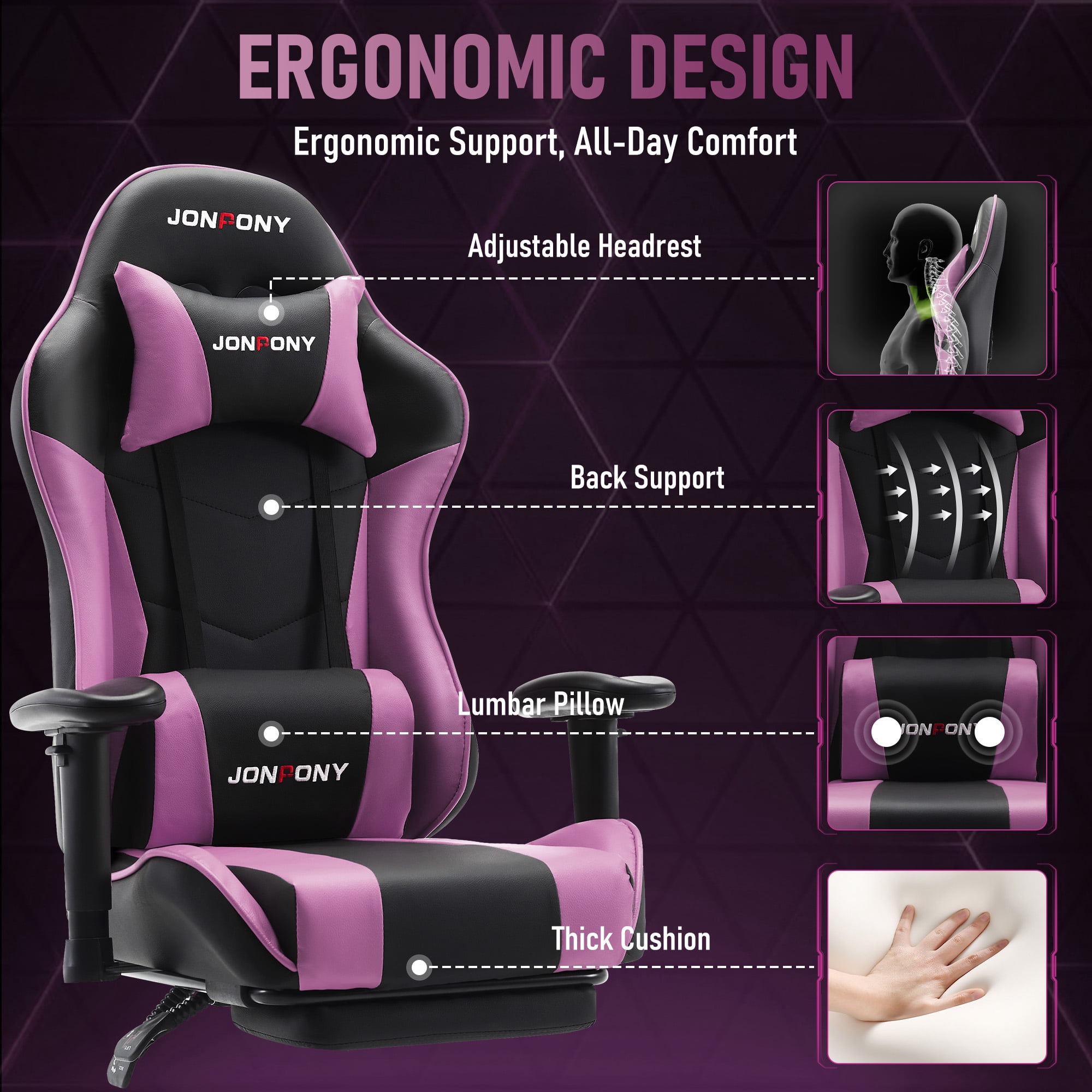 JONPONY Big and Tall 500LBS Gaming Chair with Footrest and Lumbar Support, High Back Ergonomic Recliner,Height Adjustable Leather Computer Desk Chair for Home Office, Purple