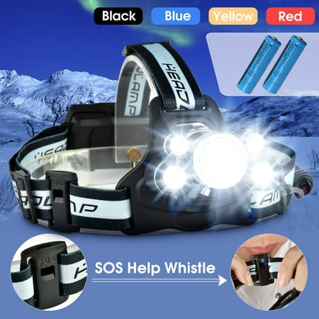 5000Lumens USB Rechargeable Headlight Headlight 5x T6 LED Head Torch 5 Modes with SOS Help Whistle + 18650 Battery for Night Light Emergency