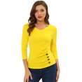 thumbnail image 1 of INSPIRE CHIC Women's Button Decor V Neck 3/4 Sleeve Ruch Top Lemon Yellow XL, 1 of 5
