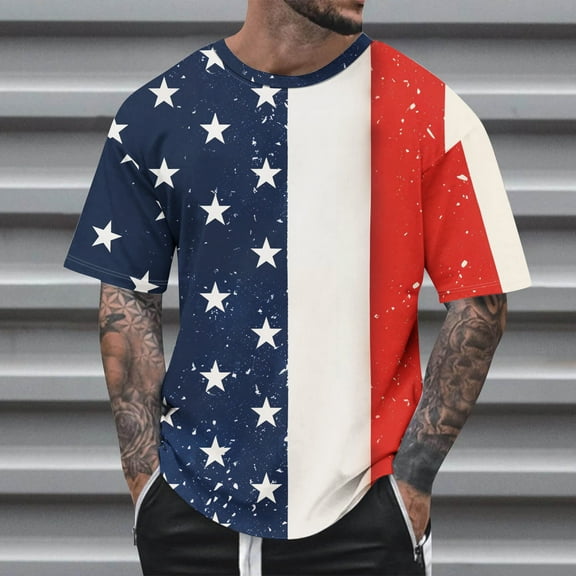 4th of July Tshirt Mens Patriotic T-Shirt Men Independence Day T-Shirt Mens American Flag Shirt Summer Fashion Casual Men's Round Neck Printed T-Shirt Top