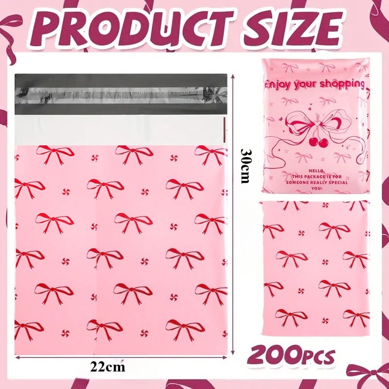 200 Pcs Pink Bow Shipping Bags, 8.66 x 11.81 Inch Self Adhesive Poly Mailers, Durable Tear Resistant Packaging Envelopes for Clothing Small Business Gift Shipping Cute Boutique Mailing Supplies
