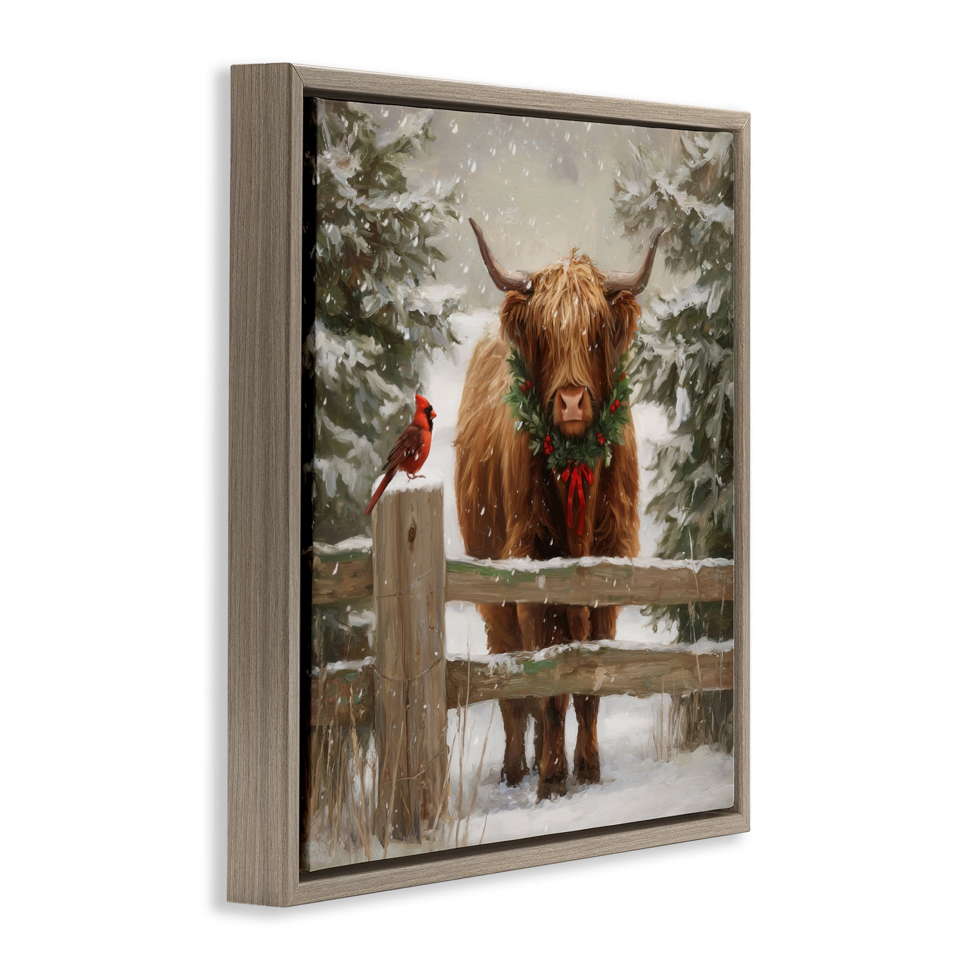 Stupell Industries Christmas Cow & Cardinal Brown Framed Floater Canvas Wall Art, design by Tina LeCour