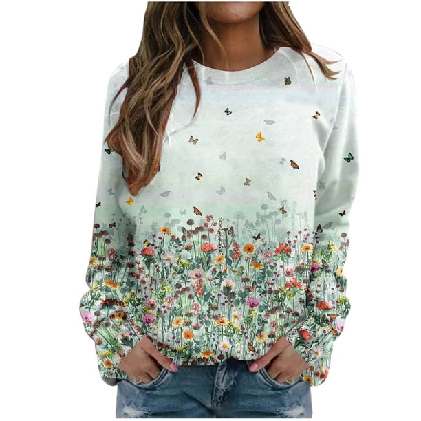 Sudadera Para Mujer Sudaderas Con Cuello Redondo Otoño Moda Casual Estampado de Flores Camiseta de Manga Larga Top Blusa Jersey Odeerbi ODB150570