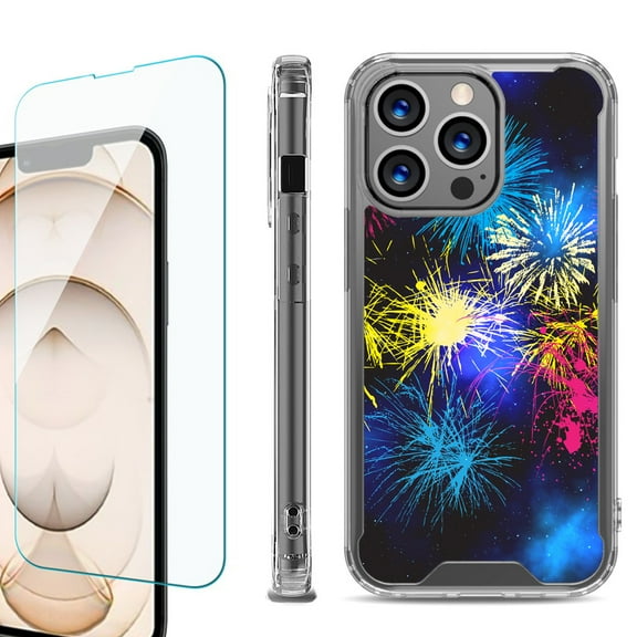 Shockproof Bumper Phone Case for iPhone 13 Pro Max, with Tempered Glass Screen Protector, by OneToughShield ® - Fireworks