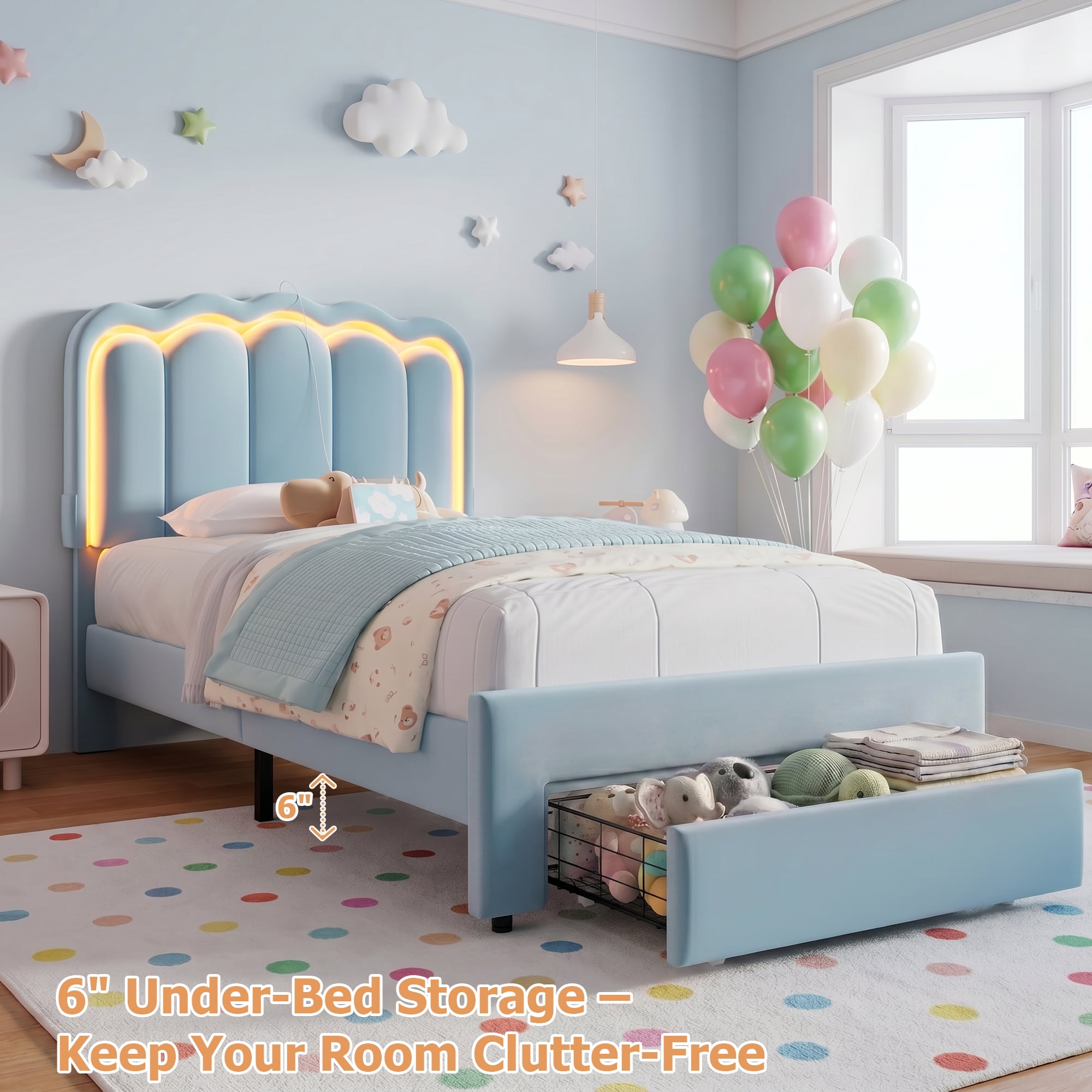 Hijob Twin Size LED Bed Frame for Boys/Kids with Storage Drawers, Velvet Upholstered Platform Bed with Adjustable Headboard, Built in Charging Station, Blue