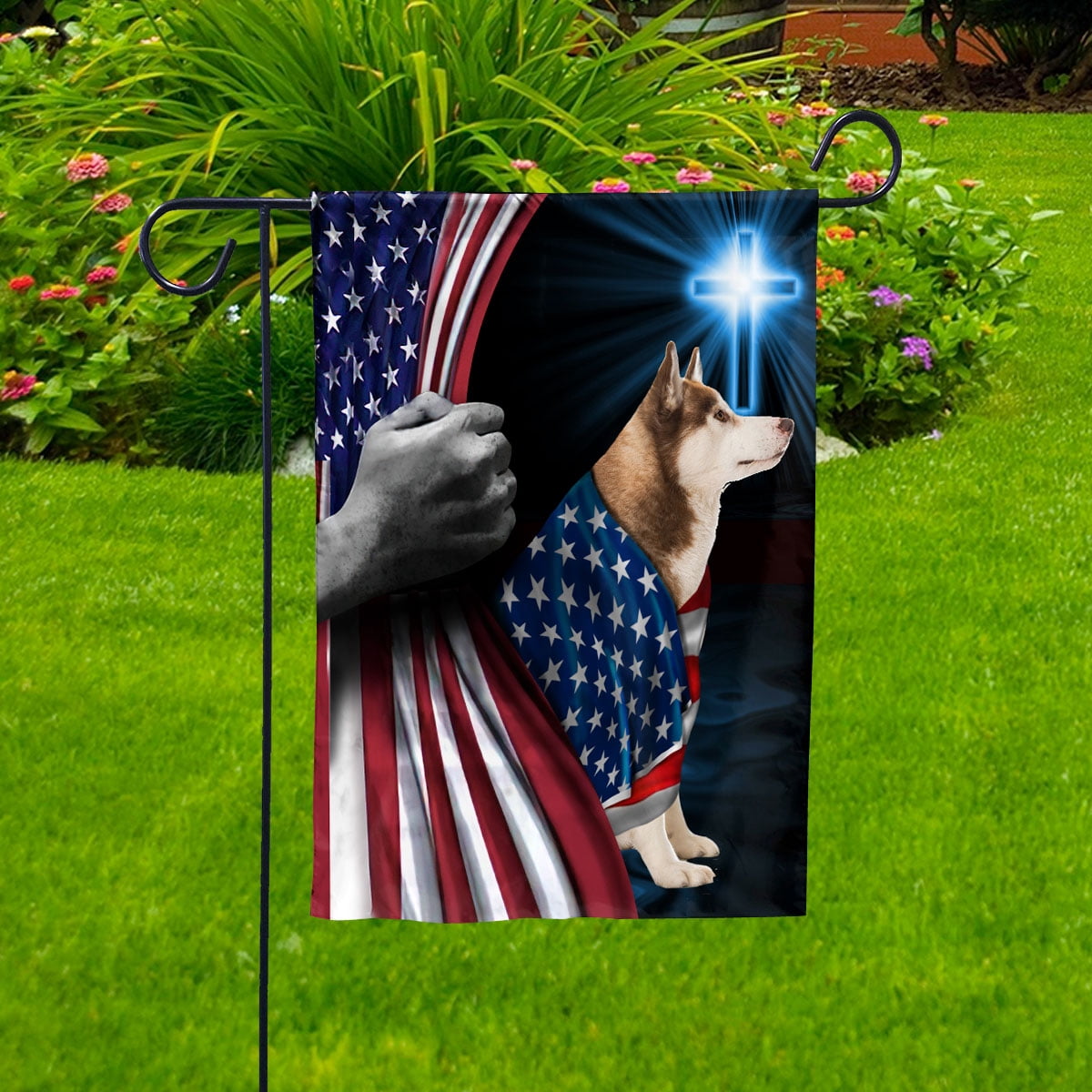 Hand Pulling USA Flag Husky Dog Wearing Flag American Standing under Cross Christian Patriotic House Flag (3x5) Double Sided- Premium Polyester-Decorative Indoor Outdoor Flag