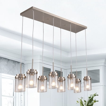 8 Lights Kitchen Island Lighting,Brushed Nickel Linear Chandeliers,Dining Room Light Fixtures with Clear Glass Shade,Farmhouse Chandelier for Dining Room