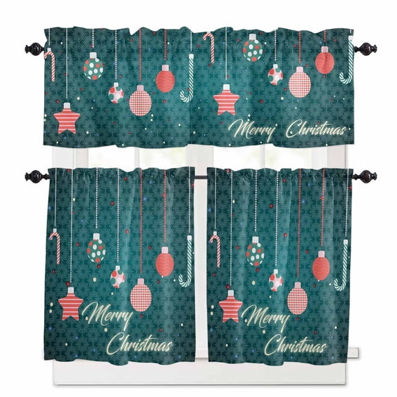 Merry Christmas Kitchen Curtains and Valances Set, Decorative Balls Candy Stars Green Texture Rod Pocket Window Valance Window Curtain Panels for Living Room Bedroom Laundry, 27.5x24in, 3 Pieces