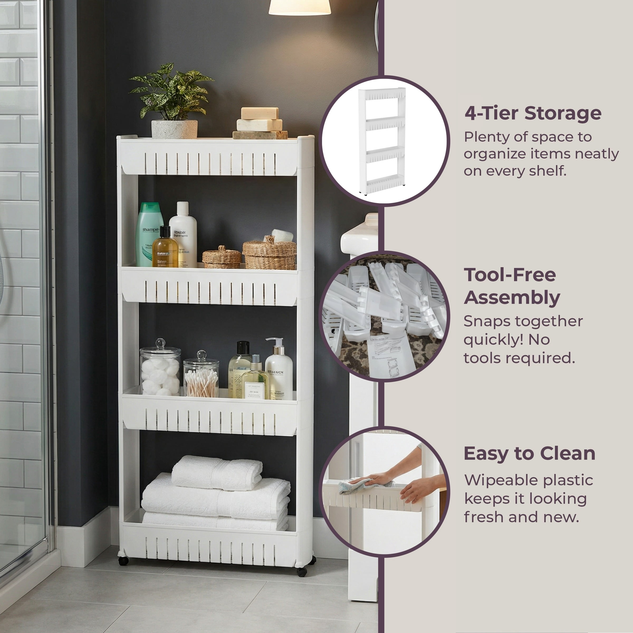 Everyday Home Mobile Plastic Shelving Unit Organizer, 4 Storage Baskets, Slim Slide Out Pantry