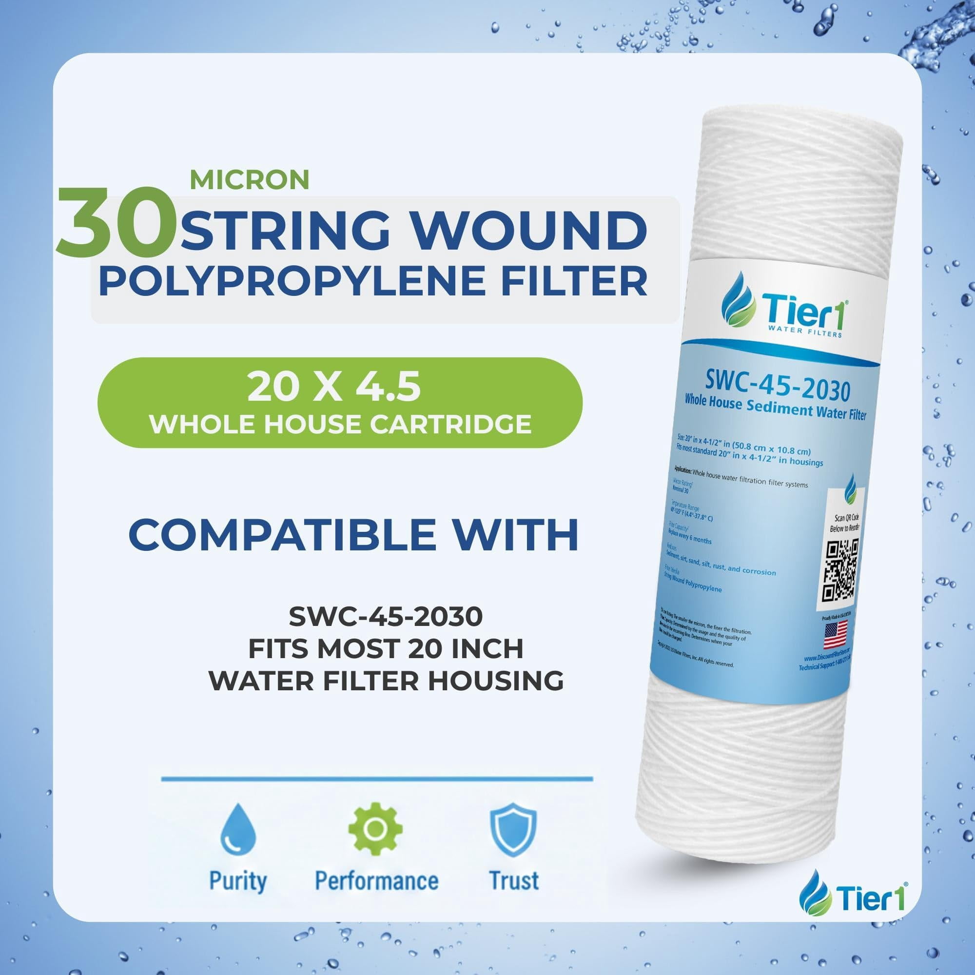 Tier1 30 Micron 20 Inch x 4.5 Inch | String Wound Polypropylene Whole House Sediment Water Filter Replacement Cartridge | Compatible with Hydronix SWC-45-2030, Home Water Filter