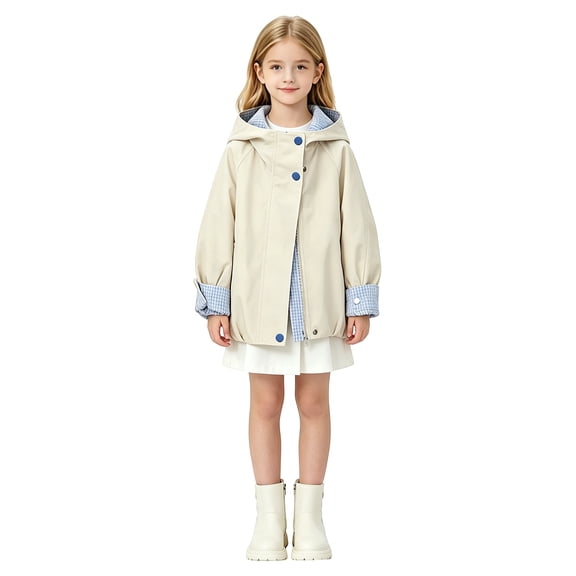 TIREOW Girls Trendy Hooded Jacket Zip Up Long Sleeve Short Trench Coat with Plaid Rolled Cuffs Spring Autumn Loose Casual Outerwear