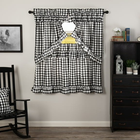 VHC Brands Annie Buffalo Check 4 PC Country Black Ruffled Curtain Set (2 Prairie Swag 36x18 and 2 Tier 36x36)