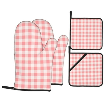 

Oven Mitts and Pot Holders Sets 4 pcs - Square Pink White Plaid Heat Resistant Silicone Oven Gloves with Non-Slip Silicone Surface and hot pads for kitchen Baking Cooking BBQ
