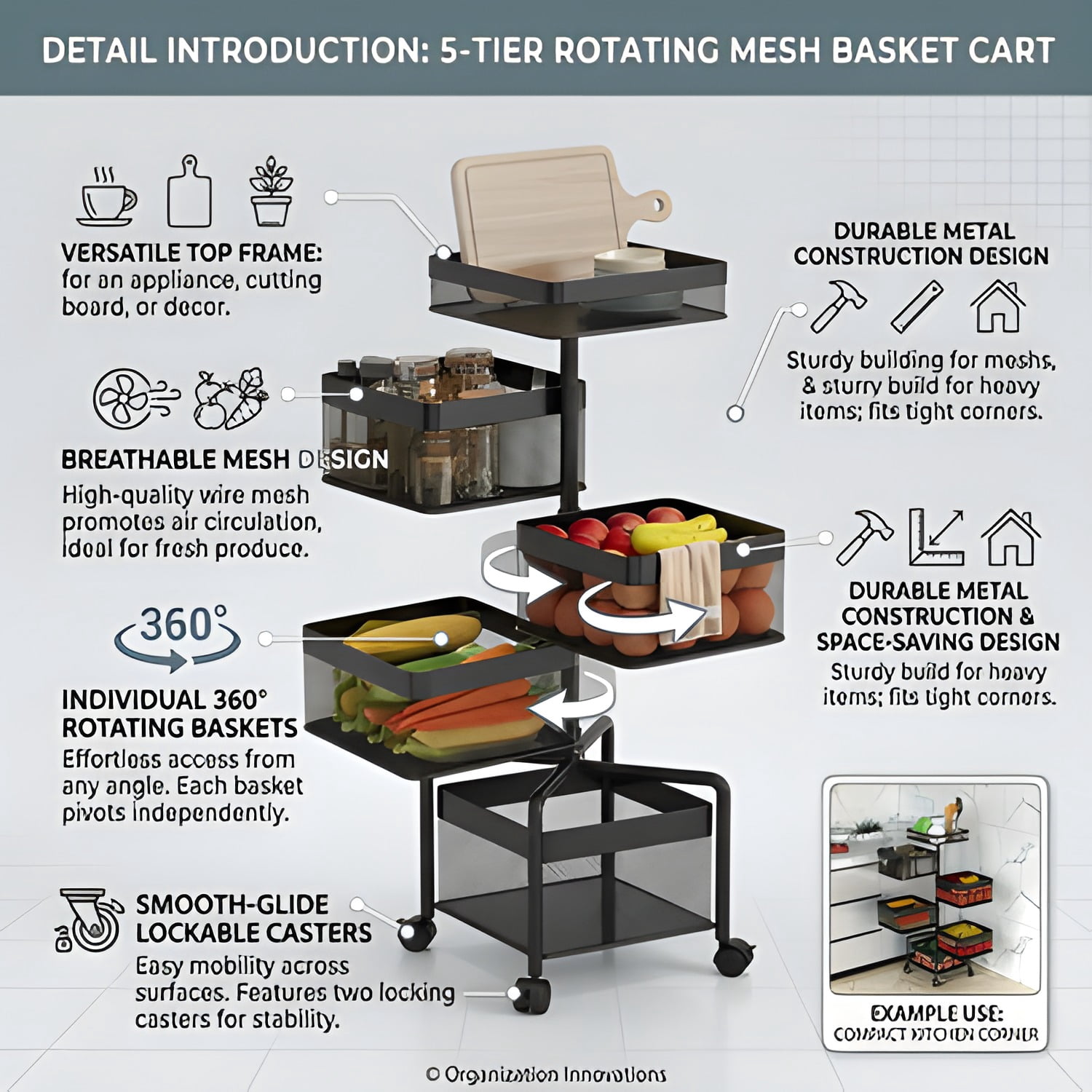 5 Tier Rotatable Metal Storage Rack with Rolling Casters, Mobile Multi-Layer Organizer Shelving Unit, Freestanding Utility Cart for Kitchen Bedroom Pantry Household Storage