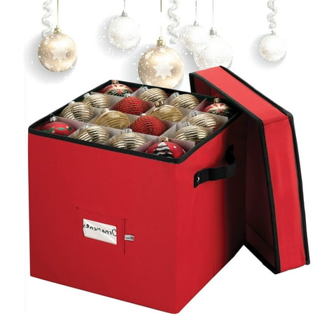 12x12 Storage Boxes High Quality Christmas Ornament Storage Box With Lid, 3 Inch Compartments Storage Container For 64 Holiday Ornaments ans Xmas Accessories, Durable Material - 12.7 x 12.7 x 13.3 In. -Red ()