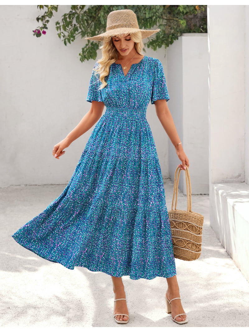 MEROKEETY Womens 2026 Spring Summer V Neck Short Sleeve Boho Floral Tiered Midi Dress with Pockets green m MEROKEETY Womens 2026 Spring Summer V Neck Short Sleeve Boho Floral Tiered Midi Dress with Pockets green m